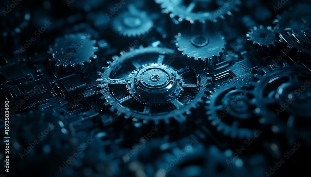 Fototapete dark abstract technology background with blue hues, intricate gears and cogs, creating a digital and