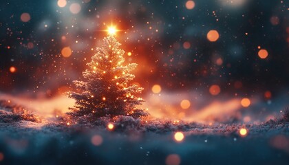 Festive Winter Scene With Snow-Covered Christmas Tree And Magical Bokeh Lights - Christmas Panorama With Ample Copy Space - Abstract Winter Landscape