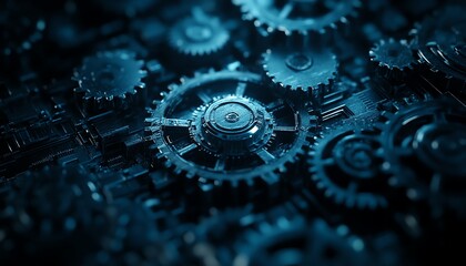 Dark abstract technology background with blue hues, intricate gears and cogs, creating a digital and mechanical fusion with a deep, modern feel, Generative AI