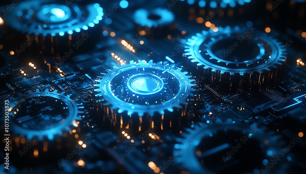 Poster digital techinspired abstract background in blue, with glowing gears and cogs, dark color palette cr