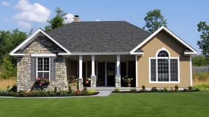 Fototapeta premium Charming Single-Story Stone and Stucco Home with Front Porch and Beautifully Landscaped Yard