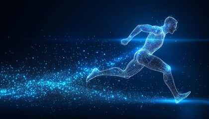 Dynamic blue glowing wireframe of a runner on a dark blue backdrop, illustrating a digital health and fitness concept for training and athletic performance, Generative AI