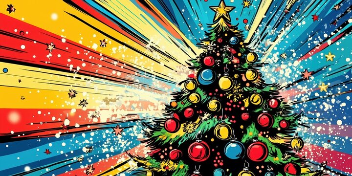 Dynamic pop art Christmas tree illustration with bold colors and starburst background, featuring vibrant ornaments and a festive holiday energy