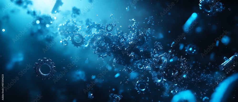Poster futuristic abstract background with blue digital technology elements, gears and cogs in motion, dark