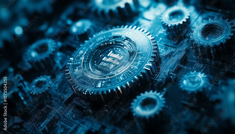 Aufkleber futuristic abstract background in blue tones, featuring detailed gears and cogs with a dark color sc