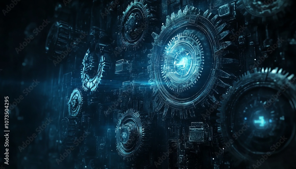 Poster futuristic abstract background in blue tones, featuring detailed gears and cogs with a dark color sc