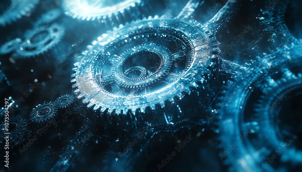 Poster futuristic abstract background in blue tones, featuring detailed gears and cogs with a dark color sc