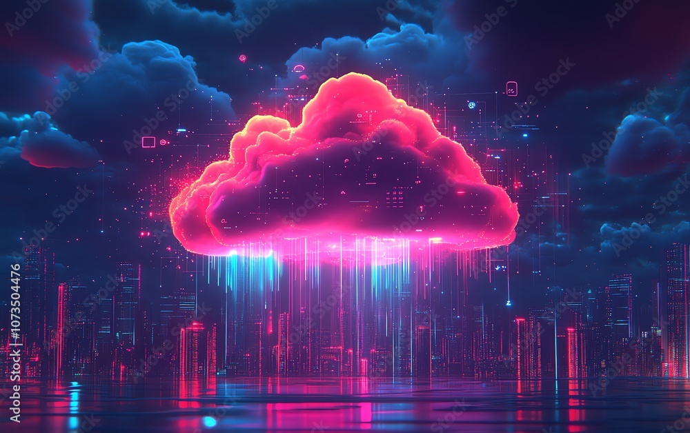 Poster futuristic cloud surrounded by vibrant digital icons, hovering over an urban city skyline, symbolizi