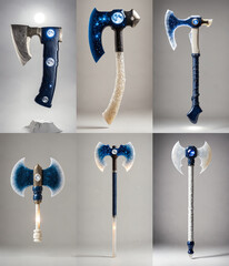 six unique axe handles, each with a unique design and color, arranged in a grid against a white background, showcasing their distinct features and colors