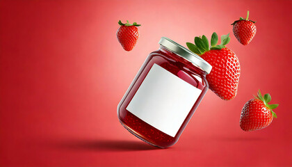 3d mockup of jar jam product in jar glass with blank white label, red background with fresh strawberry floating