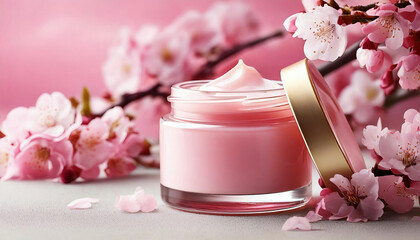3d mock up skincare cream in pink glass jar with open lid for advertise of cosmetic product packaging, decorated with blossom flower for natural ingredients