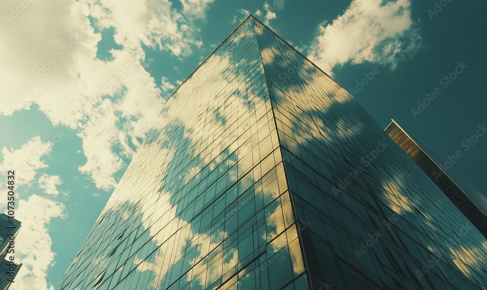 Poster low angle view of a modern glass skyscraper with clouds reflecting in the windows.