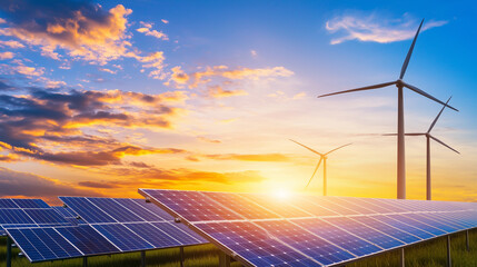 Renewable Energy Landscape with Solar Panels and Wind Turbines