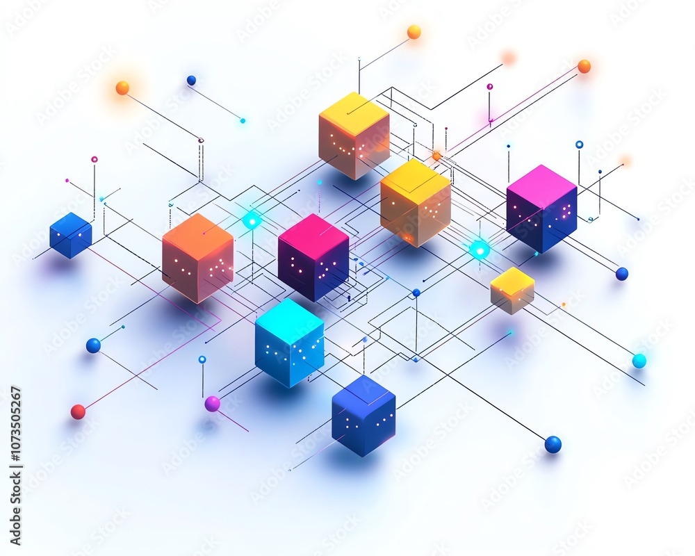 Poster Minimalist line art of an isometric network with colorful blocks and dots on a white background, clean and modern design, representing digital connections, Generative AI