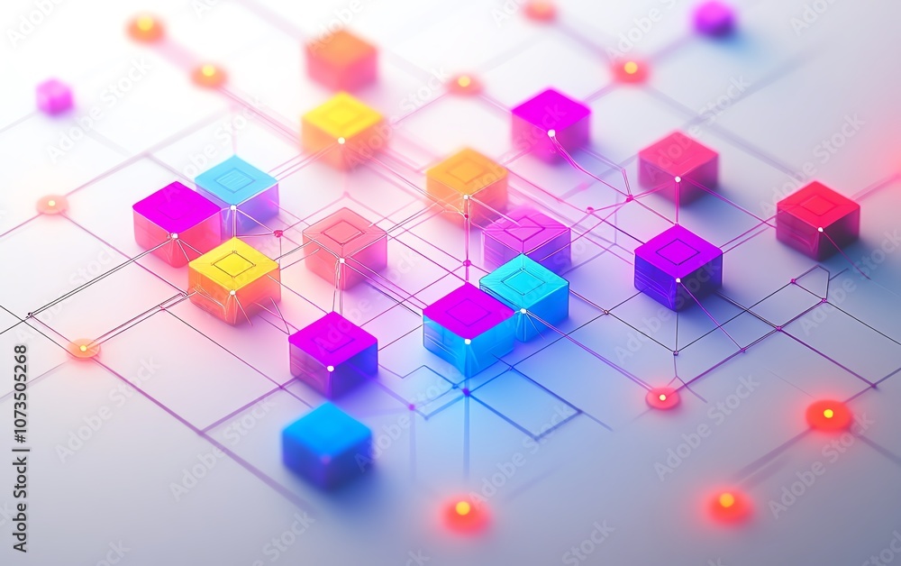 Fototapete minimalist isometric network with vibrant blocks and dots connected by thin lines, set against a whi