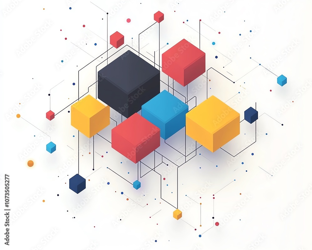 Poster Minimalist line art of an isometric network with colorful blocks and dots on a white background, clean and modern design, representing digital connections, Generative AI