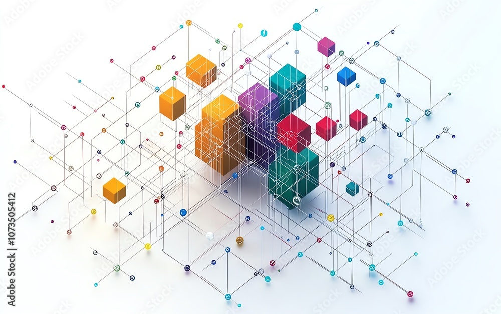 Aufkleber simple isometric network line art, colorful blocks and dots arranged on a white background, clean de