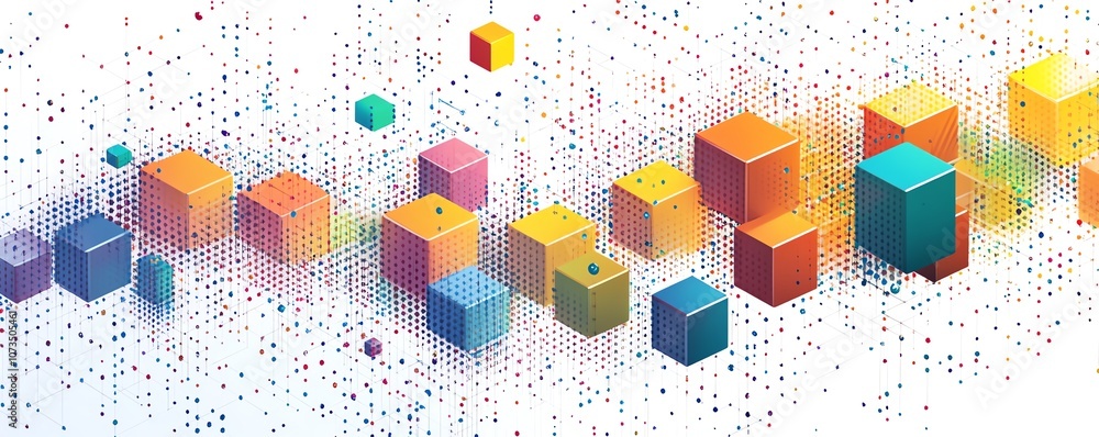 Poster Sleek isometric network design with simple lines, colorful blocks, and dots on a white background, showcasing digital connectivity in a minimalist style, Generative AI