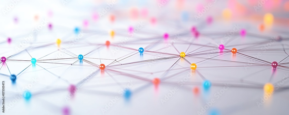 Poster sleek isometric network design with simple lines, colorful blocks, and dots on a white background, s