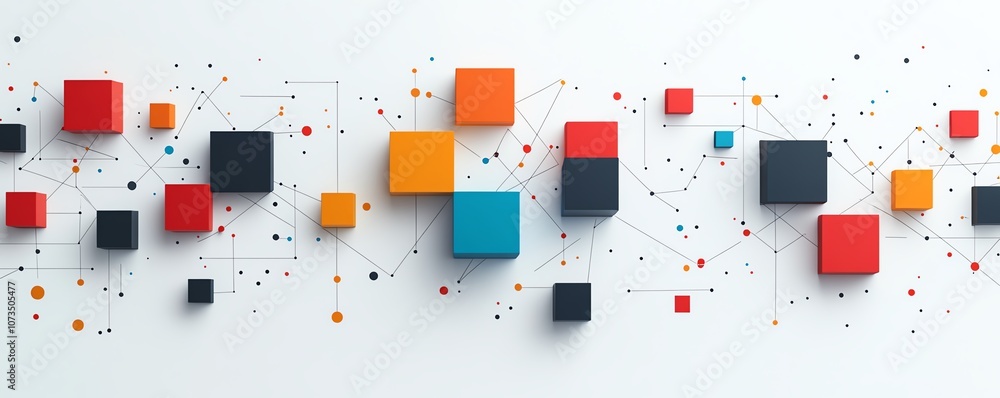 Poster Sleek isometric network design with simple lines, colorful blocks, and dots on a white background, showcasing digital connectivity in a minimalist style, Generative AI