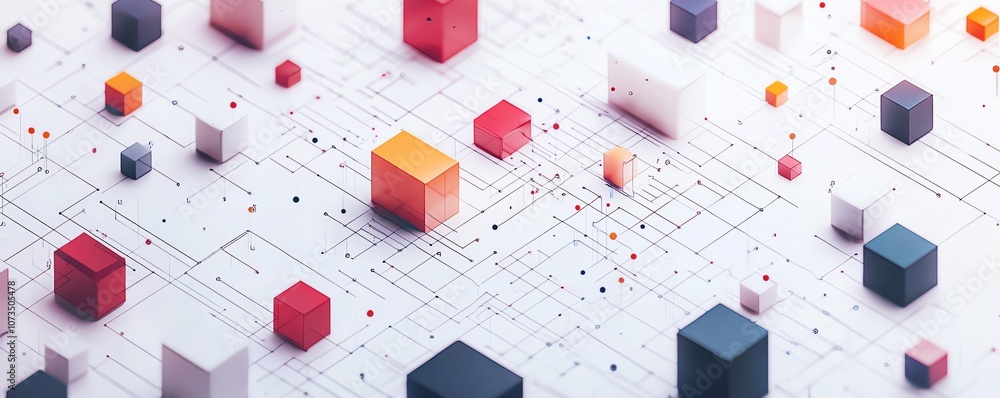 Poster sleek isometric network design with simple lines, colorful blocks, and dots on a white background, s