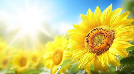 Obraz premium Bright sunflowers bloom under sunny sky, radiating warmth and joy. Their vibrant yellow petals and intricate centers create stunning display in nature