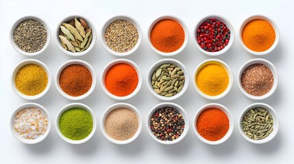 Fototapeta premium Overhead view of a beautifully arranged mandala pattern made with various colorful spices and seasoning ingredients