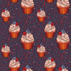 Seamless pattern with cupcakes. Muffin cake, sweet cupcake with cream, delicious pastries. Modern vector illustration for fabric, textile. Dessert print for a candy bar