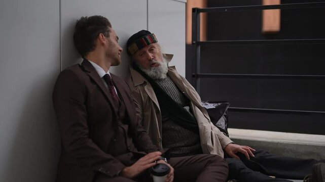 Compassionate young businessman in suit listening to story of elderly homeless man sitting on sidewalk, showing compassion and empathy for less fortunate. Concept of social issues, economic disparity.