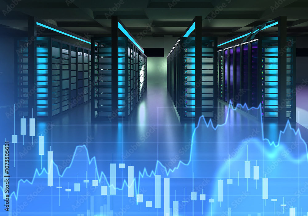 Poster server room. building with data processing equipment. telecommunications center with charts showing 