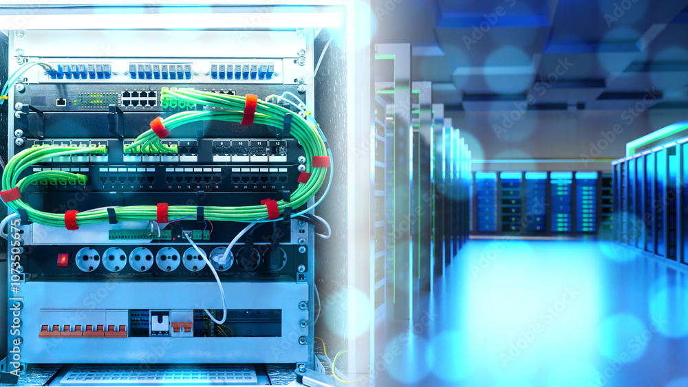 Poster server equipment. internet wires are connected to telecommunication apparatus. server room with mode