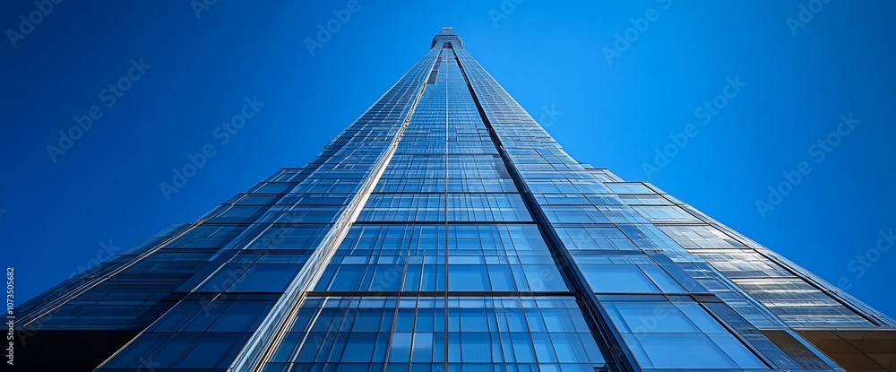 Aufkleber low angle view of a modern skyscraper against a clear blue sky.