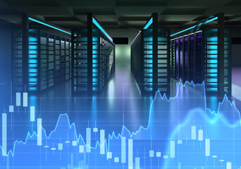 Server room. Building with data processing equipment. Telecommunications center with charts showing load on server. Hosting center for storing information. Server room with neon lighting. 3d image