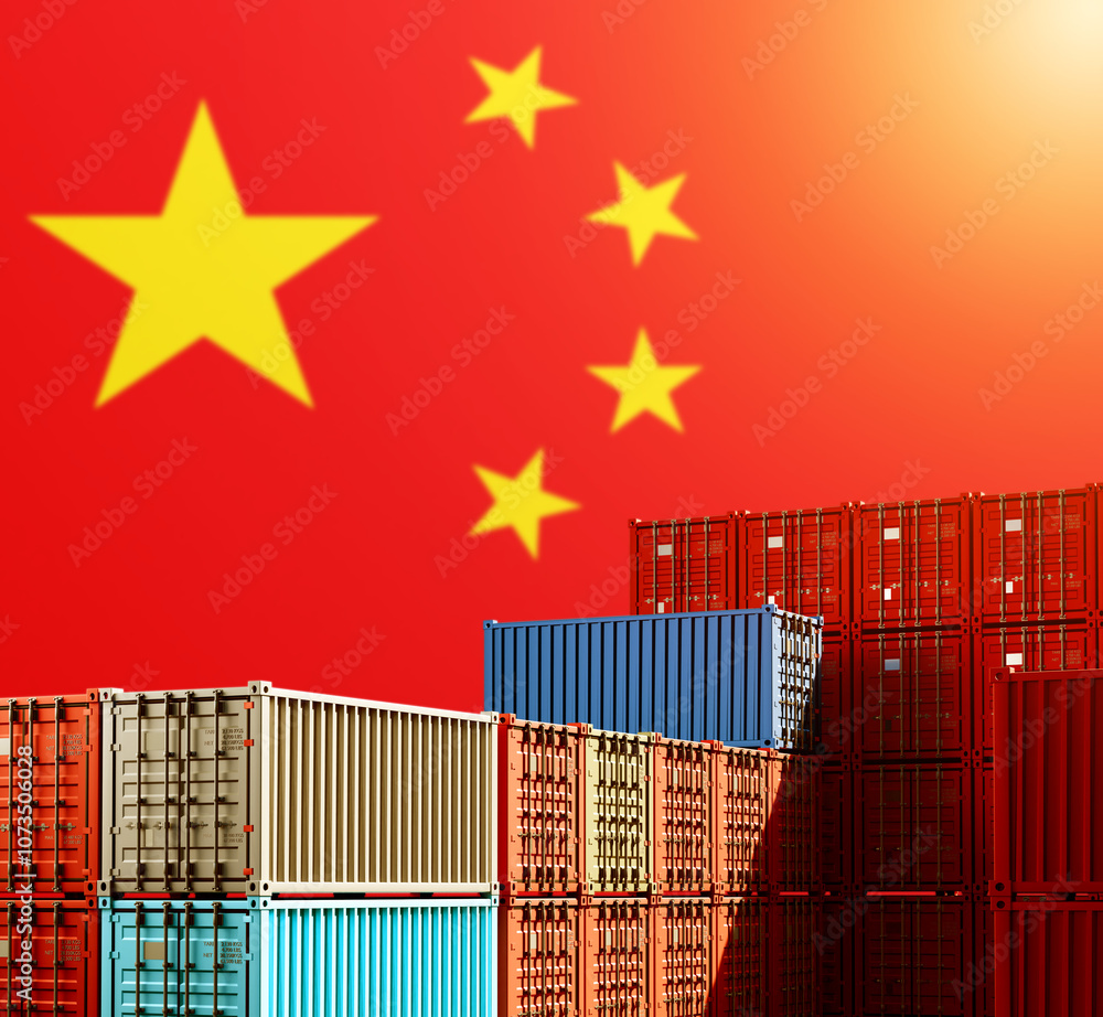 Poster china flag with shipping containers. metal boxes for cargo deliveries. sea containers with goods fro