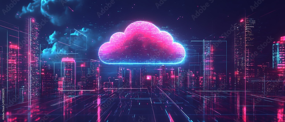Poster a cloud surrounded by colorful digital icons, set against a futuristic city skyline, representing cl