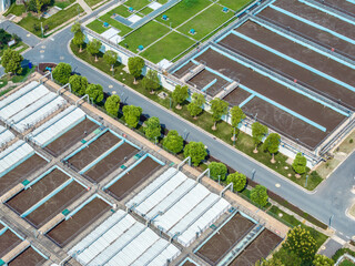 Aerial view of water purification pool in water plant