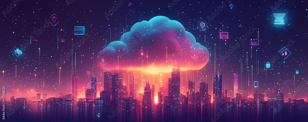 Poster A digital cloud surrounded by floating icons, with a city skyline beneath, symbolizing the power of cloud computing and digital ecosystems in urban environments, Generative AI