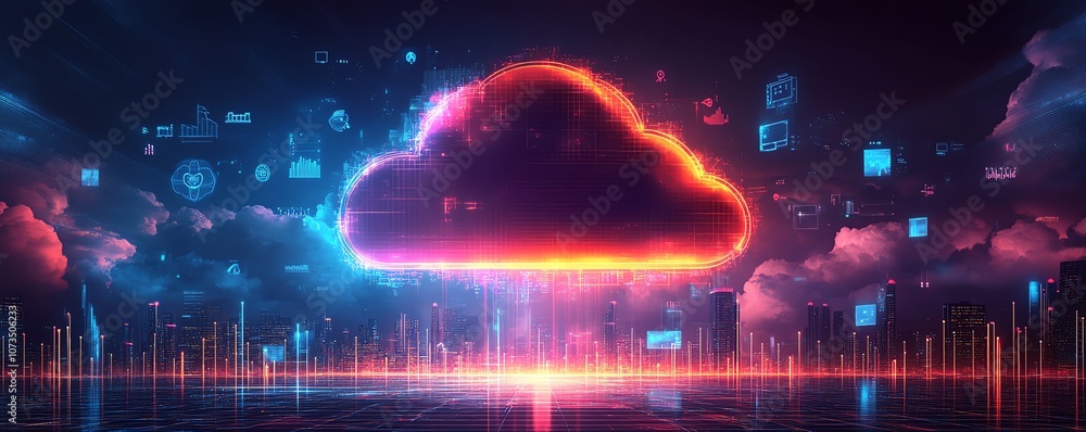 Leinwandbilder A digital cloud surrounded by floating icons, with a city skyline beneath, symbolizing the power of cloud computing and digital ecosystems in urban environments, Generative AI