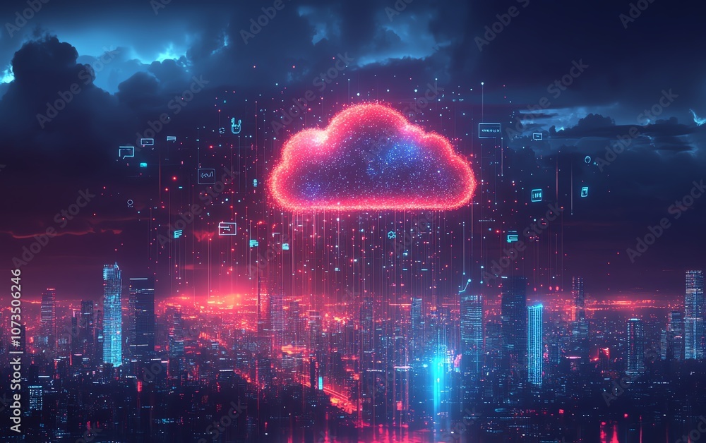 Poster a digital cloud surrounded by floating tech icons, above a bustling cityscape, representing the inte