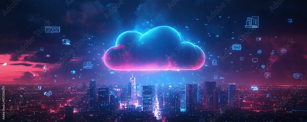 Aufkleber a digital cloud surrounded by floating icons, with a city skyline beneath, symbolizing the power of 
