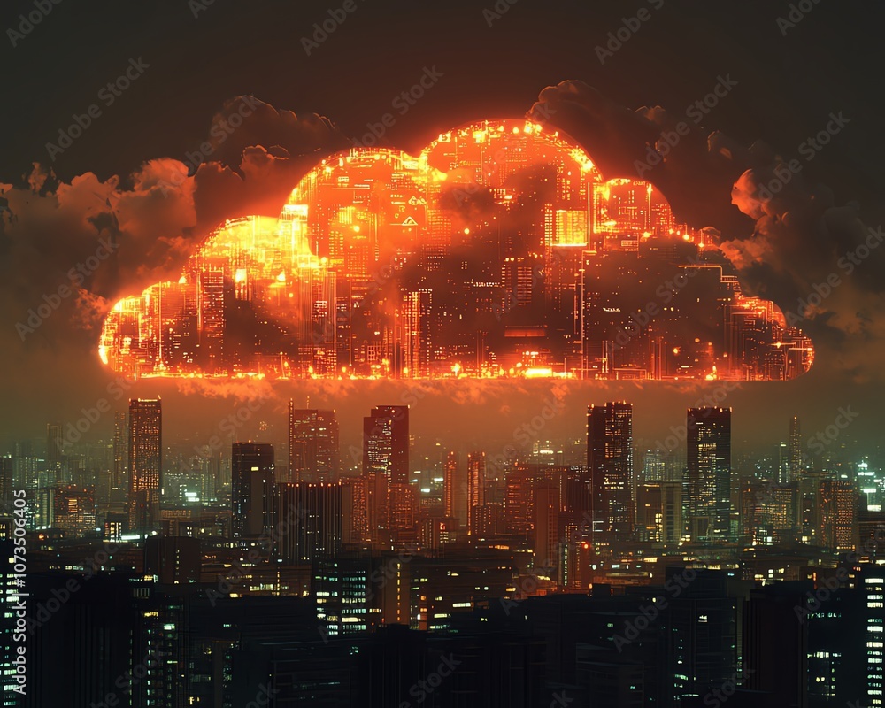 Poster a glowing cloud filled with digital icons, hovering above a modern city skyline, symbolizing the fut