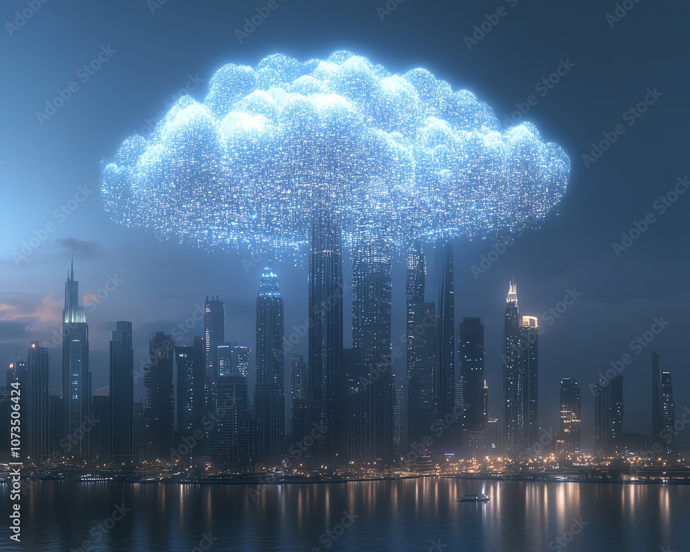 Poster a glowing cloud filled with digital icons, hovering above a modern city skyline, symbolizing the fut