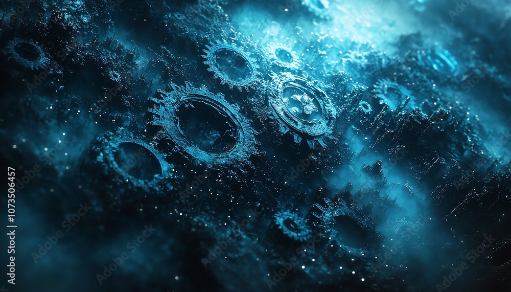 Poster abstract blue digital landscape with gears and cogs seamlessly integrated into the design, dark colo