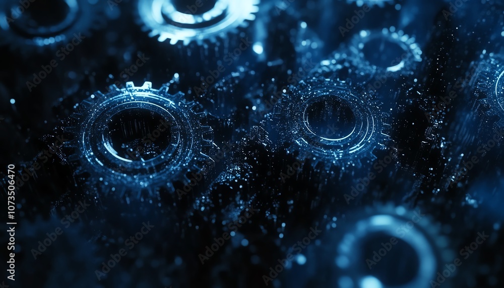 Poster abstract blue digital landscape with gears and cogs seamlessly integrated into the design, dark colo