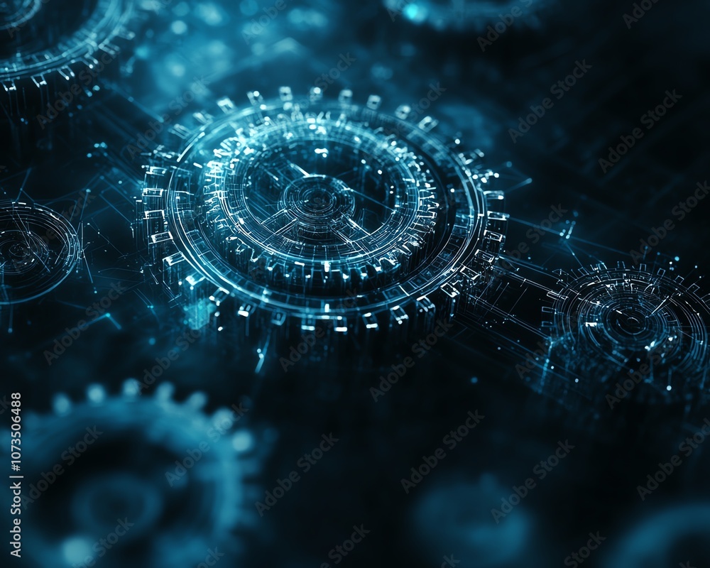 Poster abstract blue digital technology background with intricate gears and cogs, dark color palette, futur