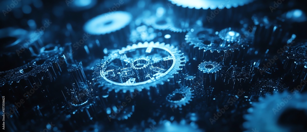 Poster abstract digital tech design in deep blue with gears and cogs, dark palette, conveying innovation, m