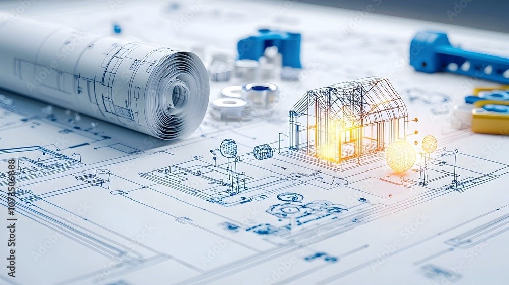 Poster innovative blueprint with glowing architectural lines highlighting creative design solutions for mod