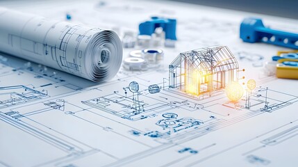 Innovative Blueprint with Glowing Architectural Lines Highlighting Creative Design Solutions for Modern Sustainable Facilities and Infrastructure