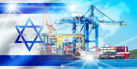 Cargo port with Israel flag. Crane for loading containers onto ships. Sea harbor for merchant ships. Port of Israel on summer day. Symbol of Israel near cargo pier. Haifa port in sunny weather