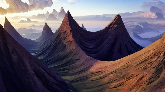 Gravity-Defying Mountains Mountains that bend and twist in impossible shapes, defying the laws of gravity